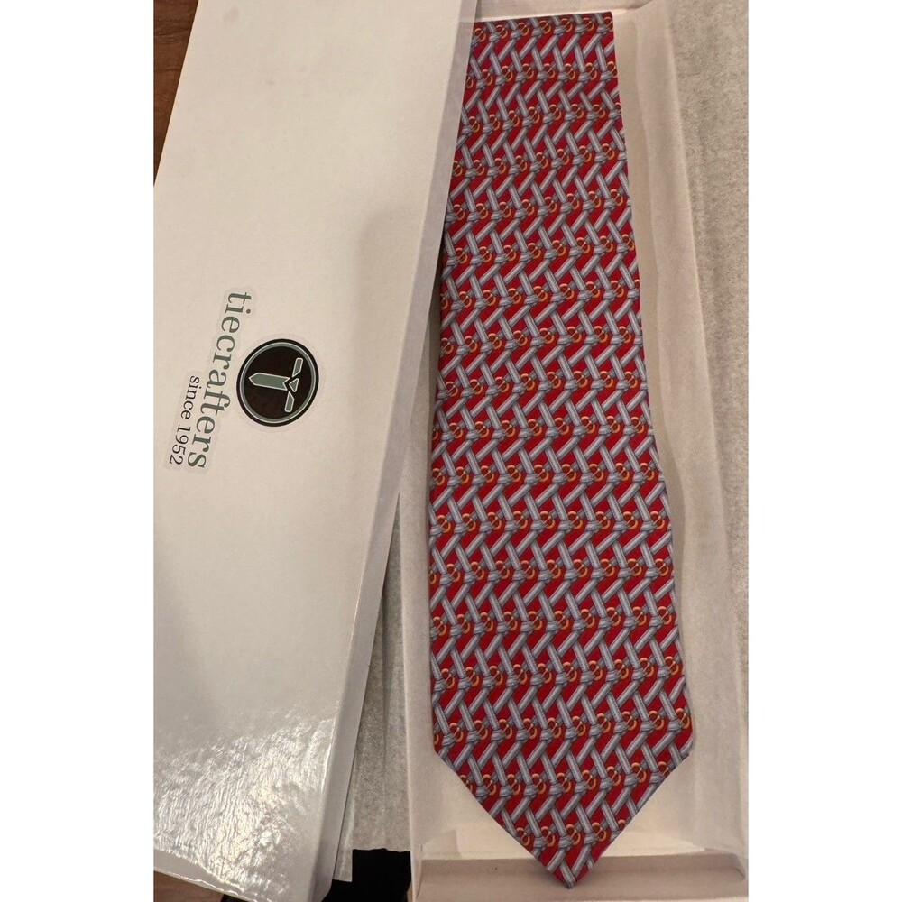 Gucci Red Gold Silver Silk Graphic Tie. Made In Italy. Classic 3.5" Pristine